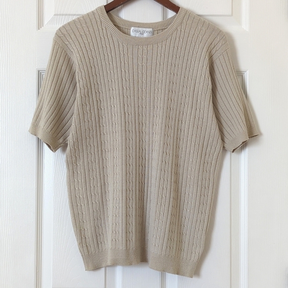 Casual Corner 90's Vintage Cable & Ribbed Knit Short Sleeve Crewneck Top Beige M - Picture 1 of 9